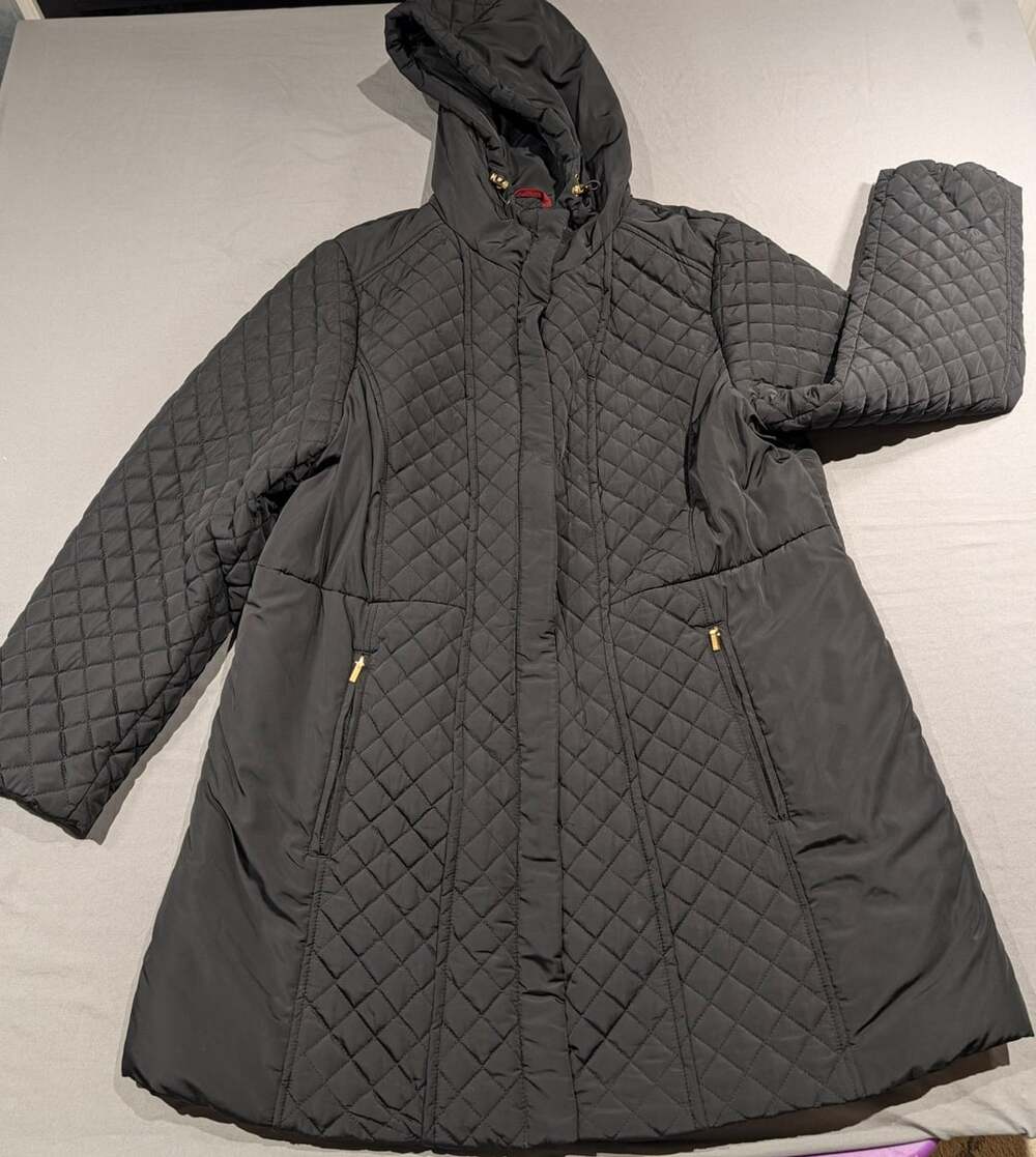 Jones New York Quilted Hooded Jacket Size 1X Black Winter Puff Coat